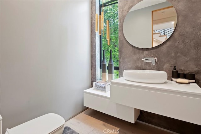 bathroom with vanity, hardwood / wood-style flooring, toilet, and a healthy amount of sunlight