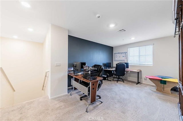 home office with light carpet