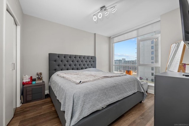 bedroom featuring dark hardwood / wood-style floors and rail lighting