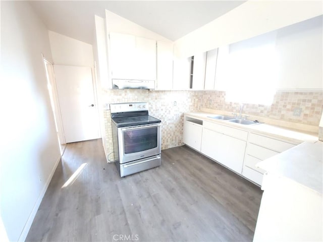 23699 Mclane Ave, Corning, CA 96021 - kitchen featuring stainless steel electric range oven, under cabinet range hood, a sink, white cabinets, and light wood finished floors