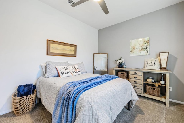 bedroom with ceiling fan and carpet floors