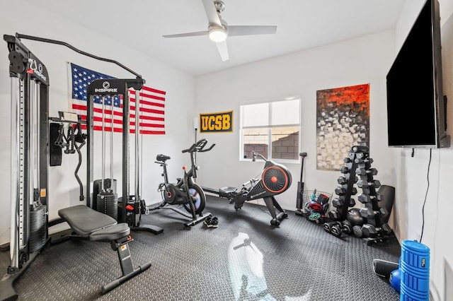 exercise room with ceiling fan