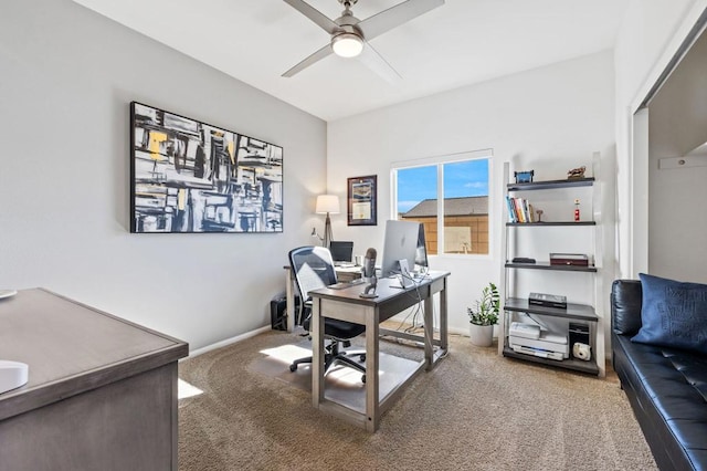 office area with ceiling fan and carpet floors