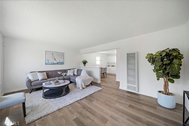 living room featuring light hardwood / wood-style flooring and a textured ceiling