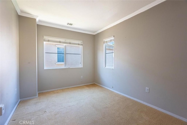 carpeted spare room featuring a wealth of natural light and ornamental molding