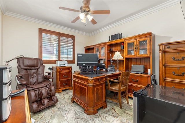 office space with ceiling fan and ornamental molding