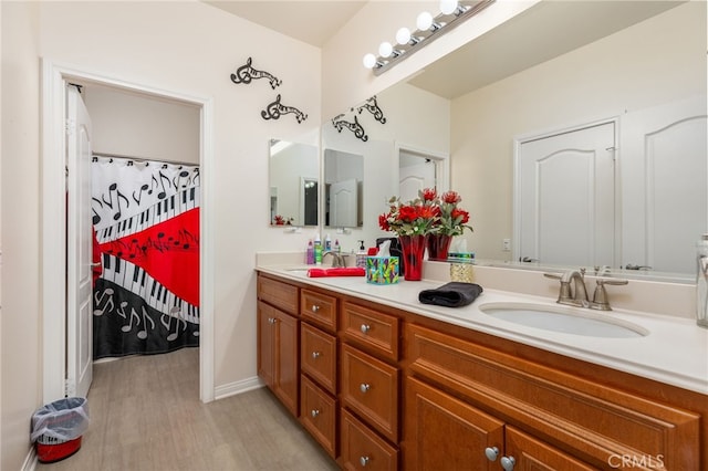 bathroom with vanity and hardwood / wood-style flooring