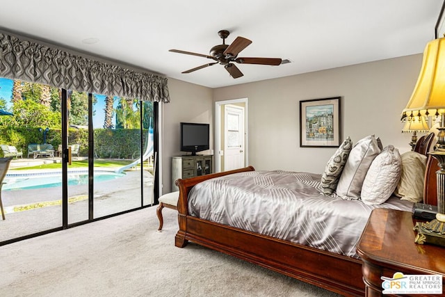 carpeted bedroom featuring access to outside and ceiling fan