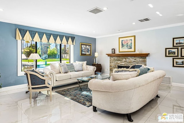 living room with a stone fireplace and crown molding