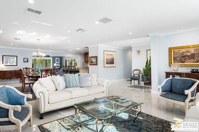 living room with crown molding and an inviting chandelier