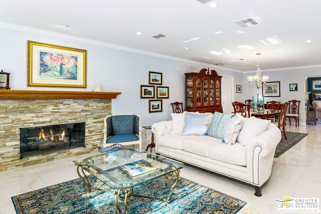 living room featuring a stone fireplace, ornamental molding, and an inviting chandelier