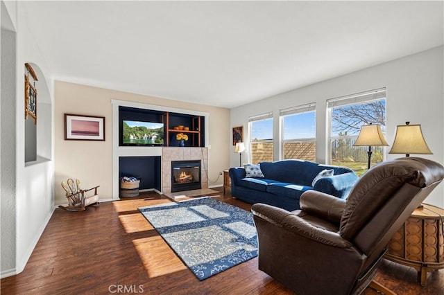 living room with a fireplace and dark wood-type flooring