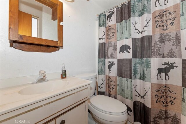 bathroom with vanity, a shower with shower curtain, and toilet