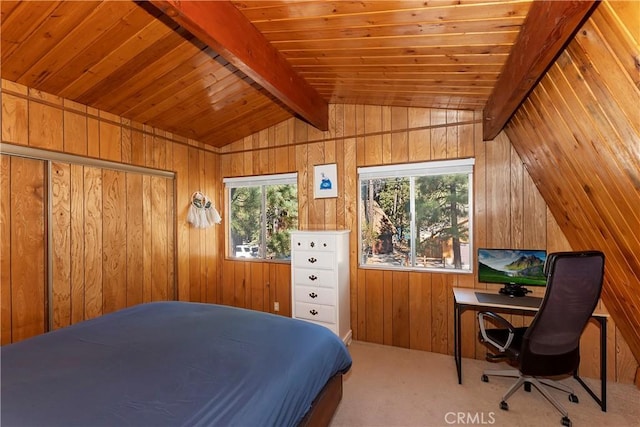 carpeted bedroom with lofted ceiling with beams, wooden ceiling, and wooden walls