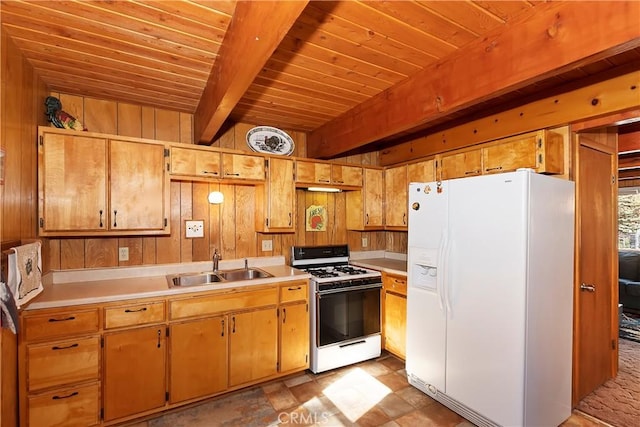 kitchen with wood ceiling, white appliances, sink, and wooden walls