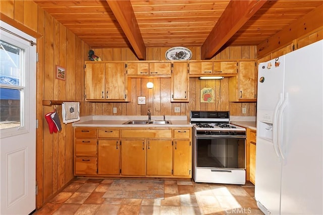 kitchen featuring wood walls, white appliances, sink, and wood ceiling