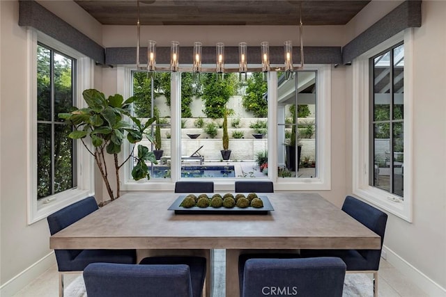 dining room with wood ceiling, baseboards, and a healthy amount of sunlight