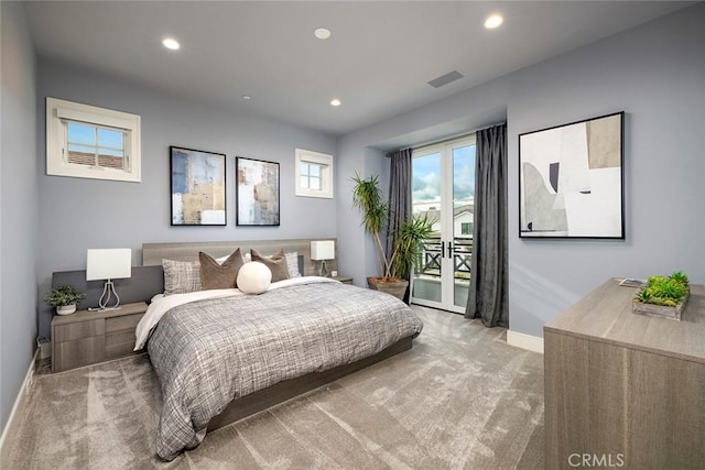 bedroom with baseboards, access to outside, light carpet, and recessed lighting
