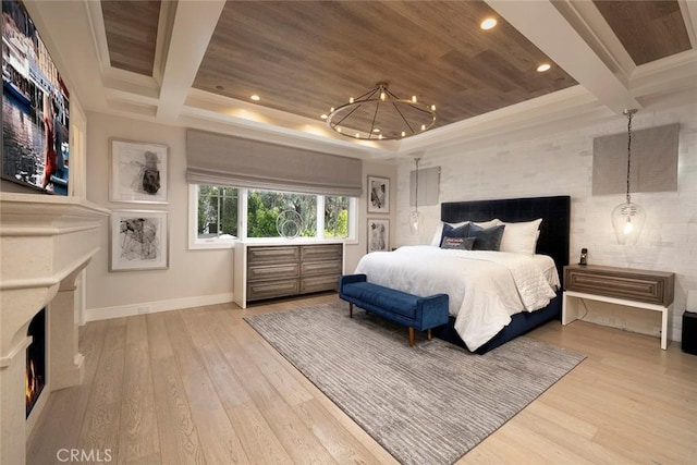 bedroom featuring recessed lighting, baseboards, a notable chandelier, and wood finished floors