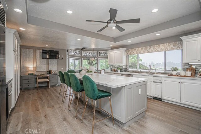 kitchen with a raised ceiling, white cabinetry, a center island, and light stone counters