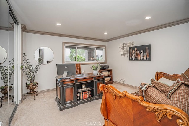 home office featuring ornamental molding, recessed lighting, light carpet, and baseboards