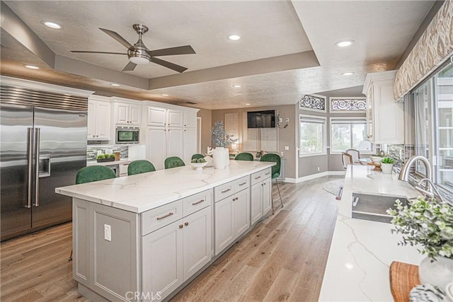 kitchen with light stone counters, a raised ceiling, and built in appliances