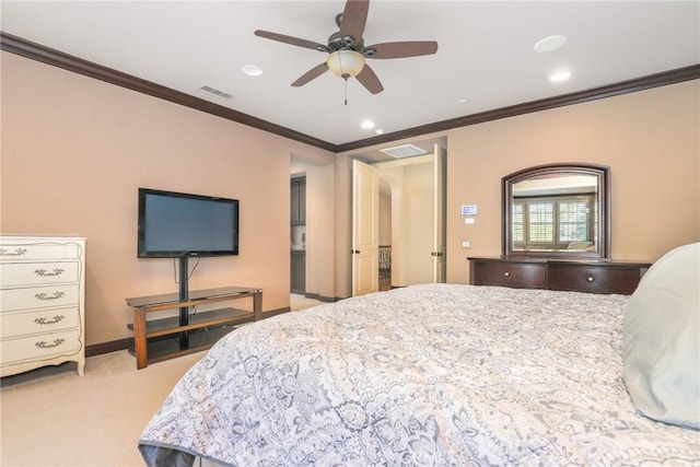 bedroom with ceiling fan, light carpet, and ornamental molding