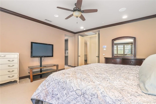 bedroom featuring light carpet, baseboards, visible vents, ornamental molding, and recessed lighting