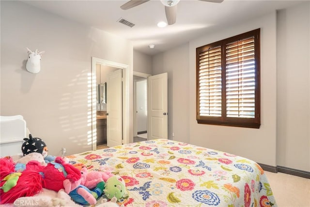 bedroom with ceiling fan and visible vents