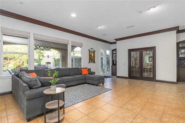 tiled living room featuring ornamental molding