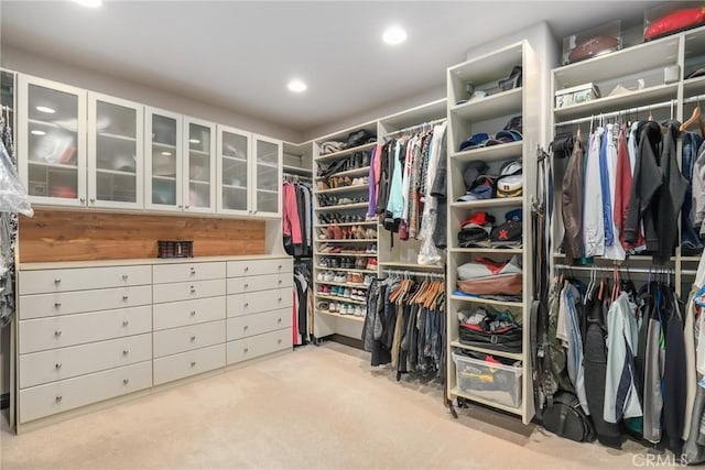 walk in closet with light carpet