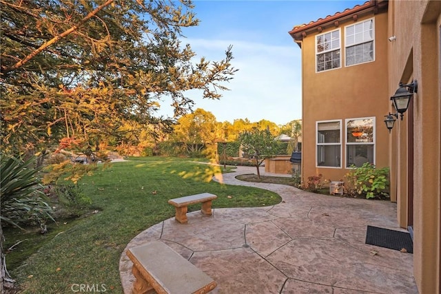 view of yard featuring a hot tub and a patio