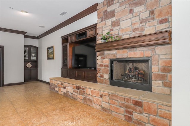 unfurnished living room with light tile patterned floors, a fireplace, and ornamental molding