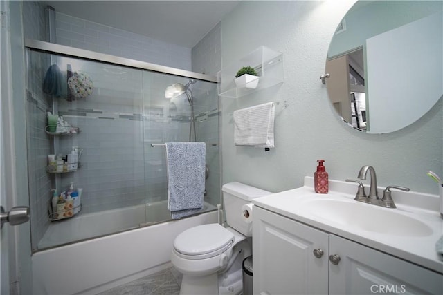 full bathroom with vanity, toilet, and enclosed tub / shower combo