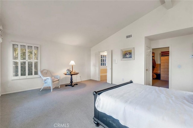 carpeted bedroom featuring a spacious closet and high vaulted ceiling