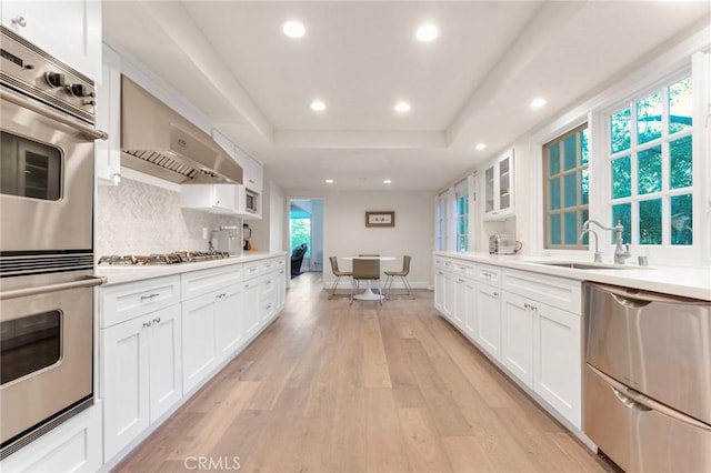 kitchen featuring sink, white cabinetry, light hardwood / wood-style flooring, a raised ceiling, and stainless steel appliances