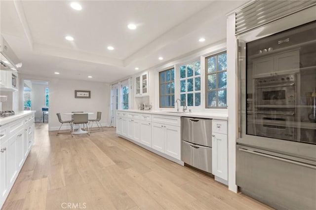 kitchen featuring white cabinetry, appliances with stainless steel finishes, a raised ceiling, and light wood-type flooring