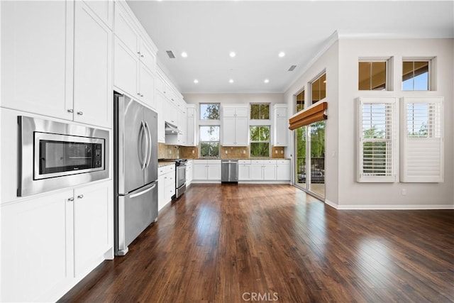 kitchen with white cabinets, dark hardwood / wood-style floors, stainless steel appliances, and a wealth of natural light