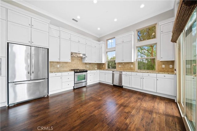 kitchen with white cabinets, dark hardwood / wood-style flooring, and stainless steel appliances