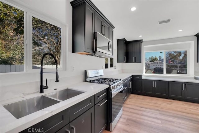 kitchen with sink, a wealth of natural light, appliances with stainless steel finishes, and light wood-type flooring