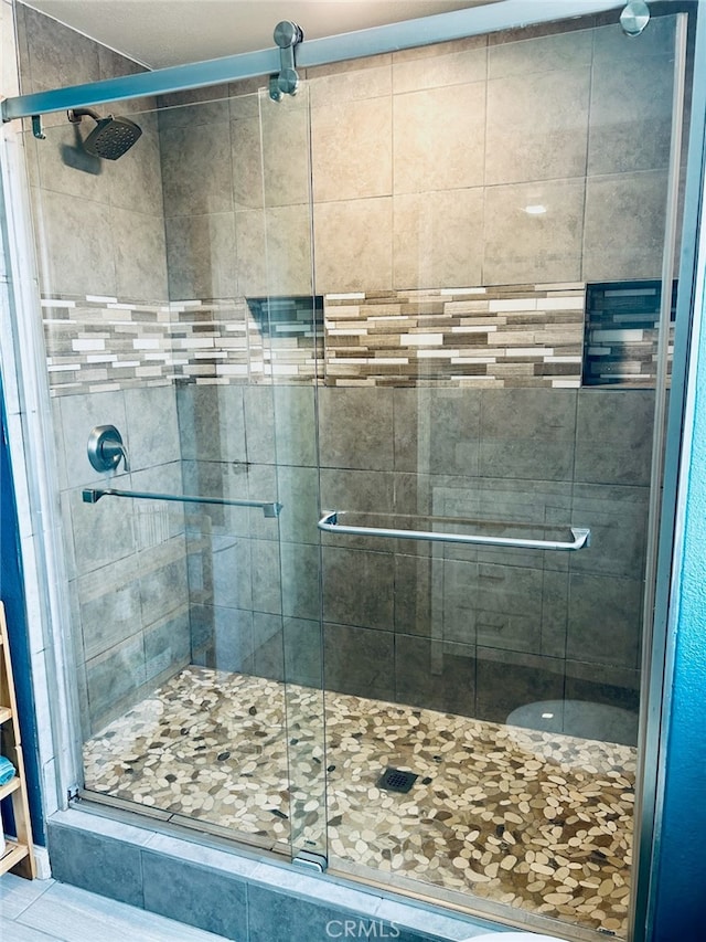 bathroom featuring a shower with shower door