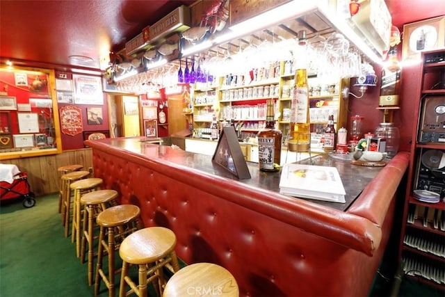 bar with carpet flooring and wooden walls