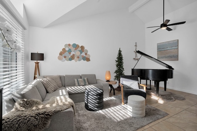 6141 Wingfoot Ave, Banning, CA 92220 - living area with ceiling fan, tile patterned floors, high vaulted ceiling, and beam ceiling
