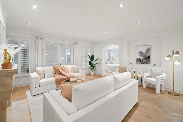 living room with crown molding and light hardwood / wood-style flooring