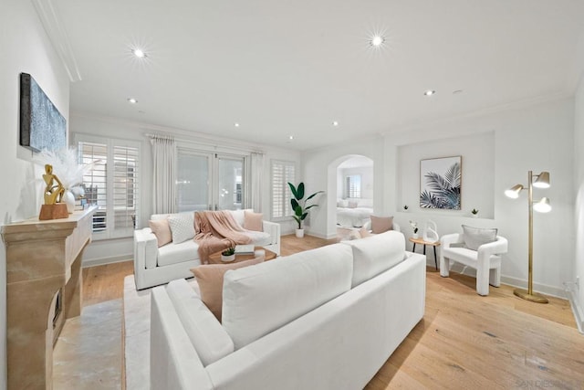 living room featuring ornamental molding and light wood-type flooring