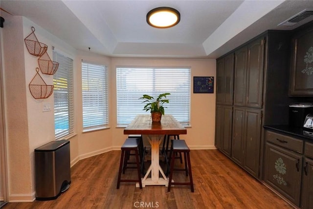 dining area with a tray ceiling and dark wood-type flooring