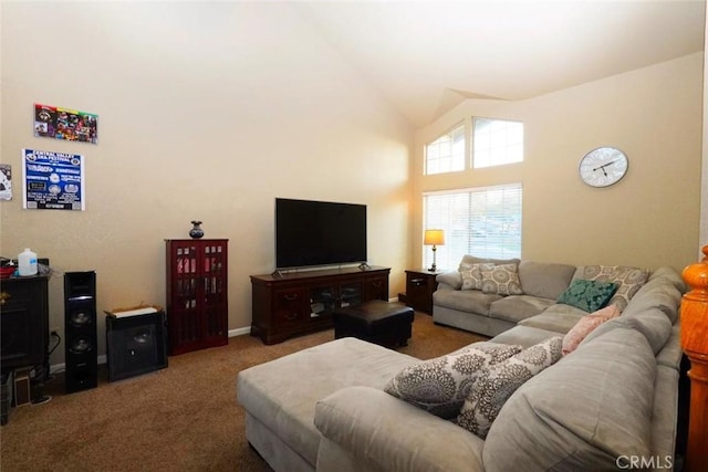 carpeted living room featuring high vaulted ceiling