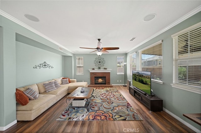 living room with dark hardwood / wood-style flooring, crown molding, a fireplace, and ceiling fan