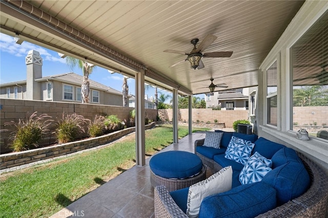 view of patio / terrace featuring ceiling fan and an outdoor hangout area