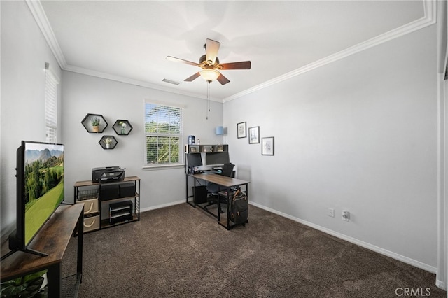 carpeted office space featuring ceiling fan and crown molding